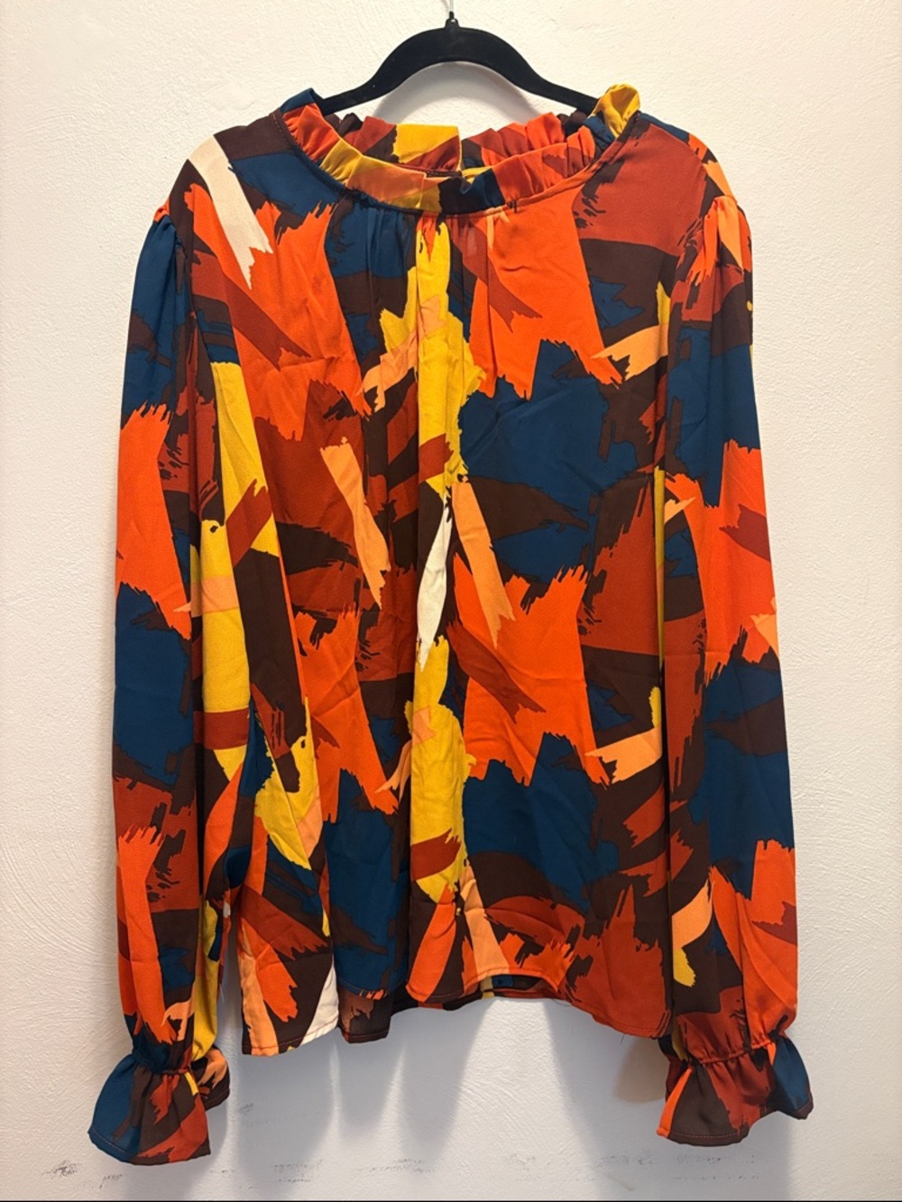 Abstract Print Long-Sleeve Blouse in Orange & Blue